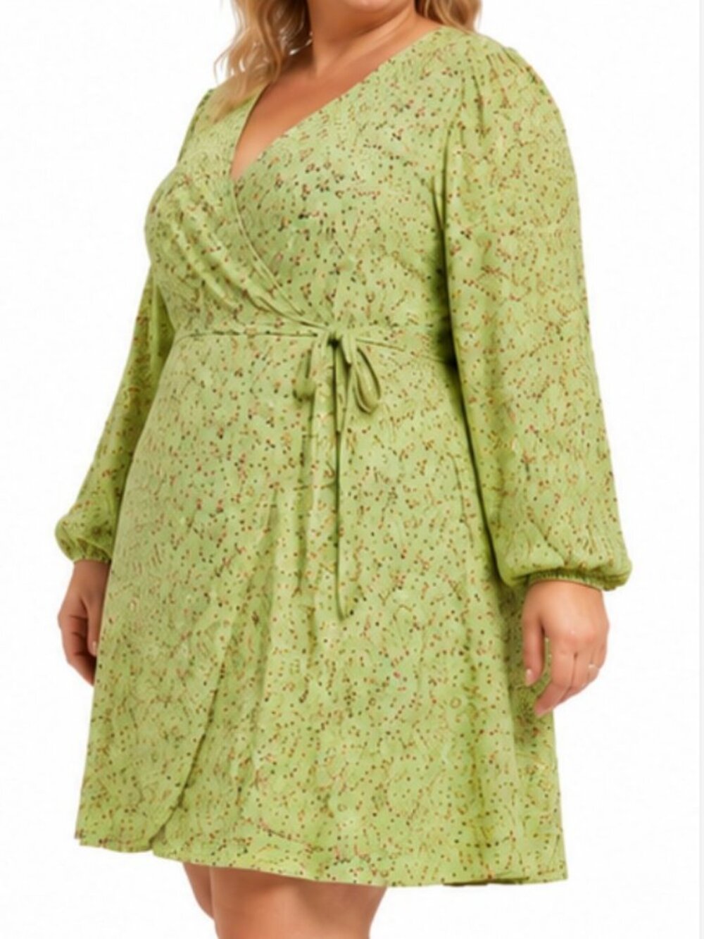 ASOS Design Curve Floral Wrap Mini Dress US 26 Green Long Sleeve Tie Waist Cotta
